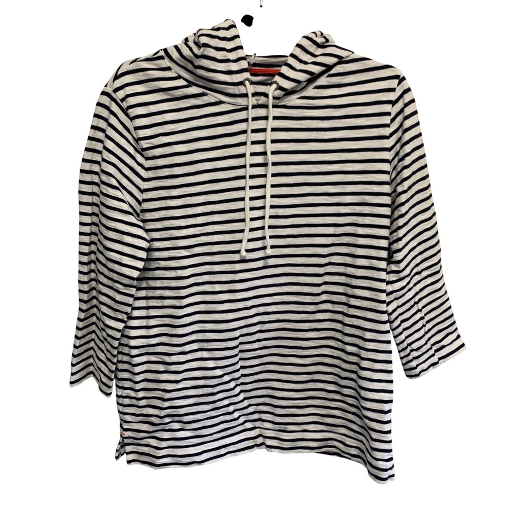 Banana Republic Nautical Striped Hoodie Tunic 3/4 Sleeve Drawstring Neck Women M